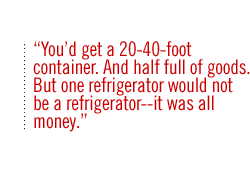 You�d get a 20-40-foot container. And half full of goods.  But one refrigerator would not be a refrigerator--it was all money.