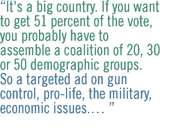 It's a big country. If you want to get 51 percent of the vote, you probably have to assemble a coalition of 20, 30 or 50 demographic groups. So a targeted ad on gun control, pro-life, the military, economic issues. � 