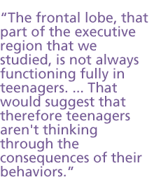 The frontal lobe, that part of the executive region that we studied, is not always functioning fully in teenagers�. That would suggest that therefore teenagers aren't thinking through the consequences of their behaviors 